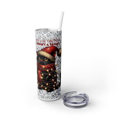 Christmas Cat with Diamond Background - SleekSip Skinny 20oz Tumbler with Straw