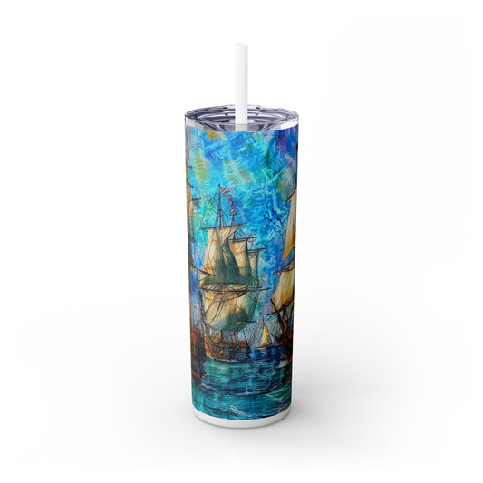 Watercolor Old Pirate Ships - SleekSip Skinny 20oz Tumbler with Straw