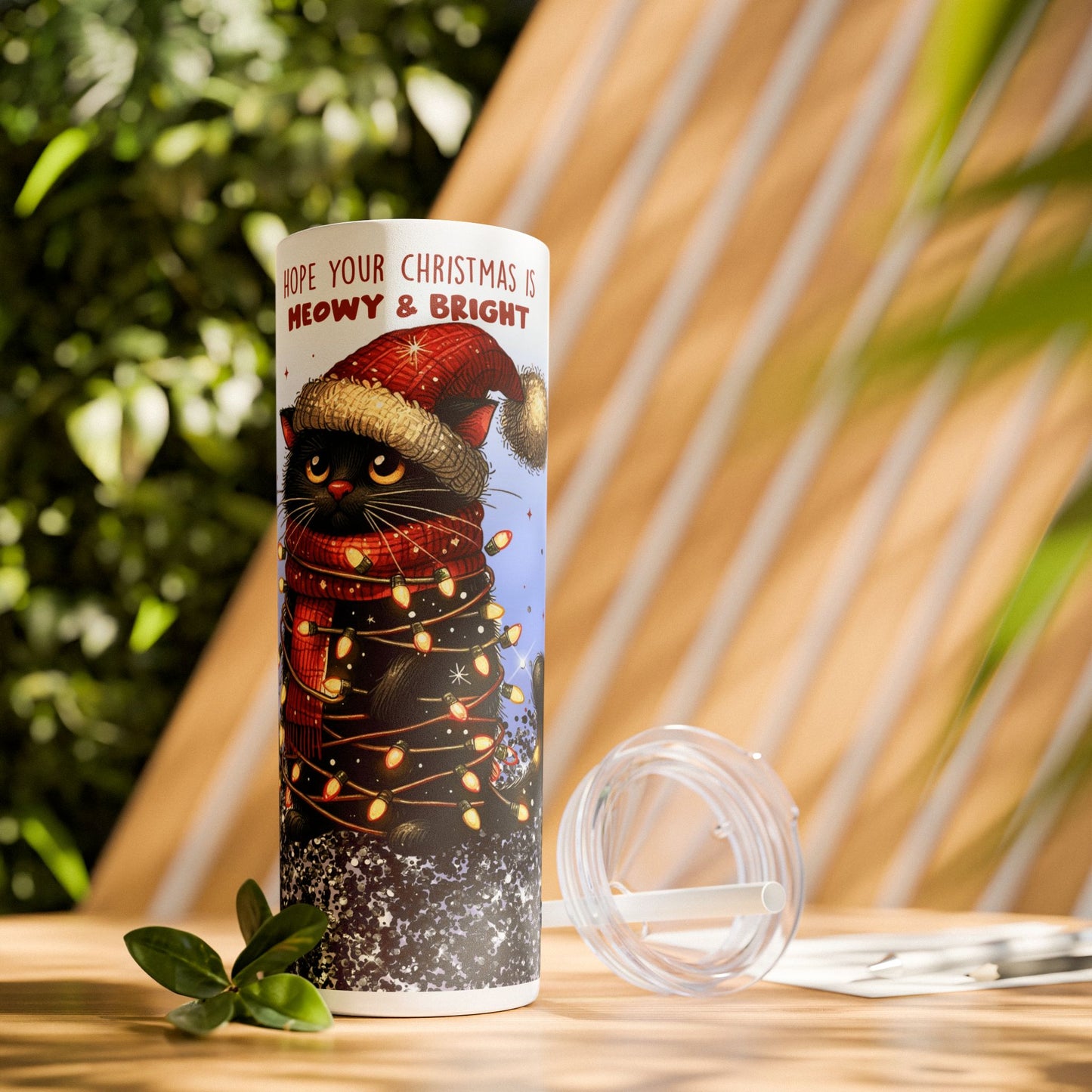 Christmas Cat with Sparkle Background - SleekSip Skinny 20oz Tumbler with Straw