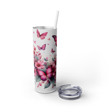 Pink Flowers and Butterflies - SleekSip Skinny 20oz Tumbler with Straw