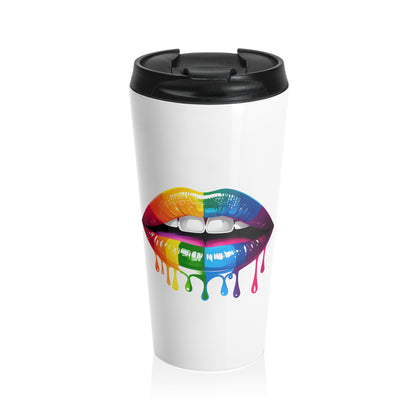 Vibrant Dripping Rainbow Lips Stainless Steel Travel Mug – 15oz