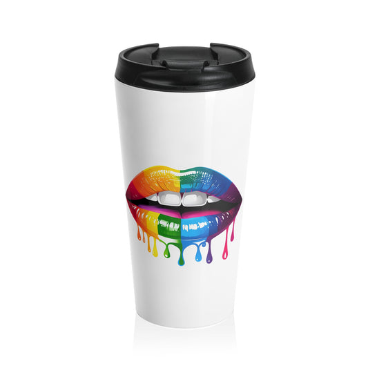 Vibrant Dripping Rainbow Lips Stainless Steel Travel Mug – 15oz