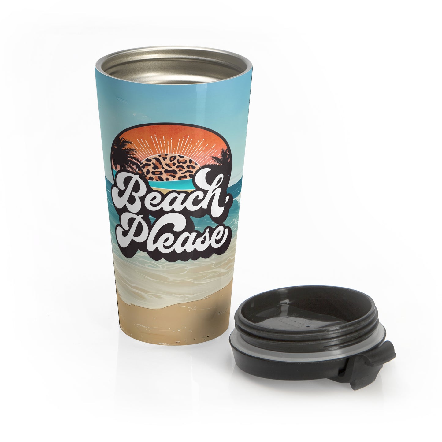 Beach Please Leopard Sunset Stainless Steel Travel Mug – 15oz