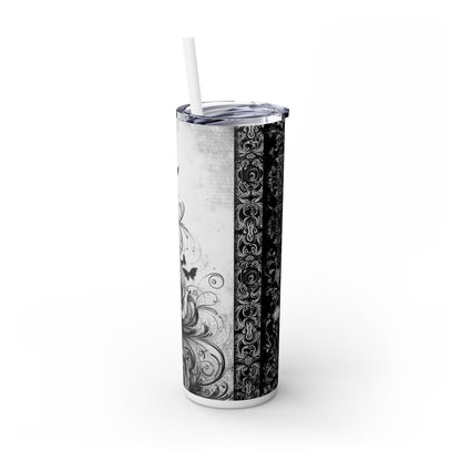 Black and White Skull Flowers - SleekSip Skinny 20oz Tumbler with Straw