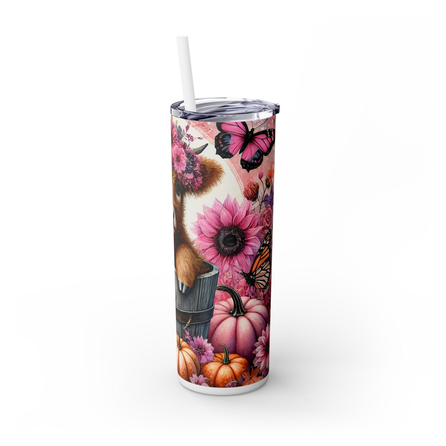 Cute Floral Pumpkin Cow - SleekSip Skinny 20oz Tumbler with Straw