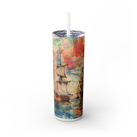 Watercolor Old Pirate Ships - SleekSip Skinny 20oz Tumbler with Straw