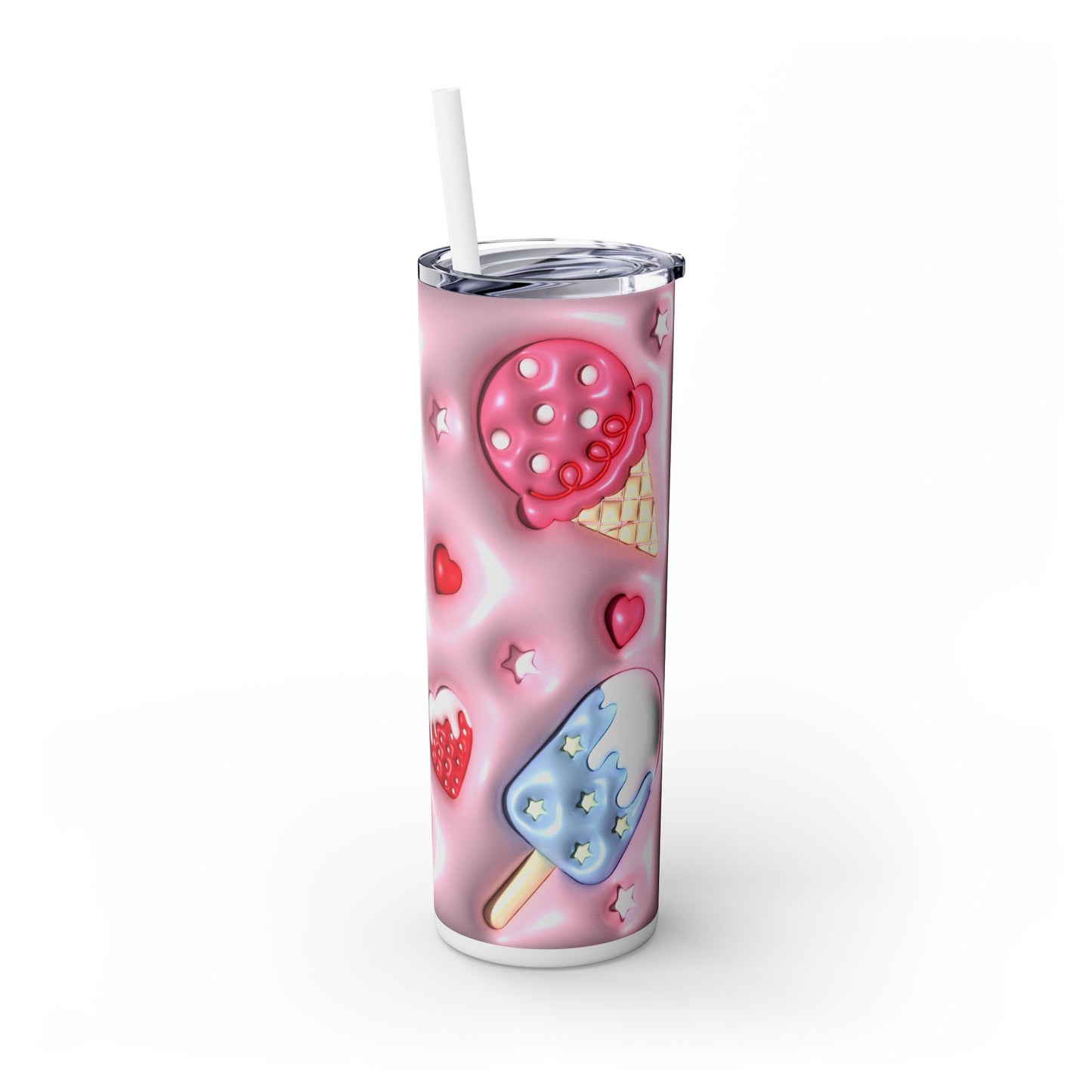 3D Inflated Ice Cream and Strawberries - SleekSip Skinny 20oz Tumbler with Straw