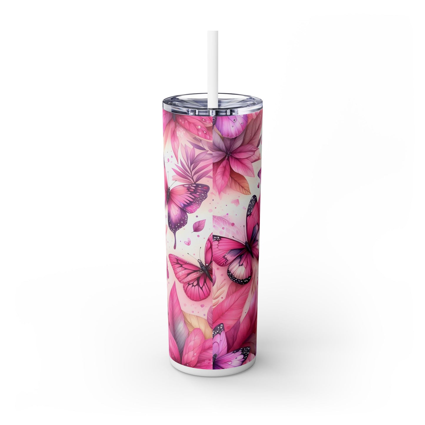 Pink Flowers and Butterflies - SleekSip Skinny 20oz Tumbler with Straw