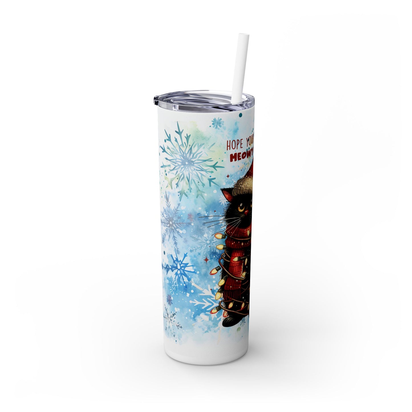 Christmas Cat with Snow Background - SleekSip Skinny 20oz Tumbler with Straw