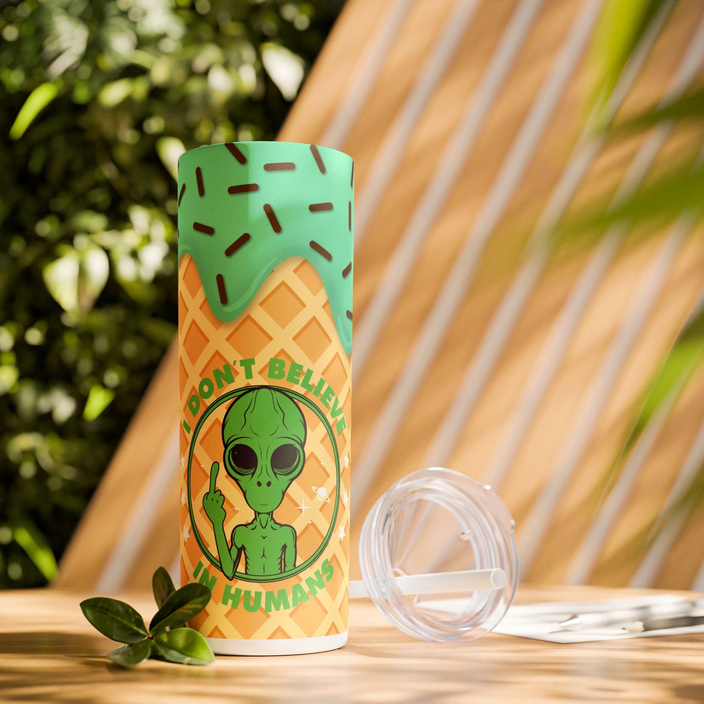 Funny Alien I don’t Believe in Humans - SleekSip Skinny 20oz Tumbler with Straw