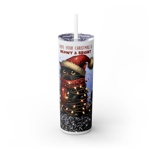 Christmas Cat with Sparkle Background - SleekSip Skinny 20oz Tumbler with Straw