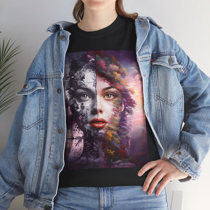 Duality of Nature T-Shirt – Embrace the beauty of contrast with this surreal portrait blending earth and sky, life and decay.- Express Delivery available